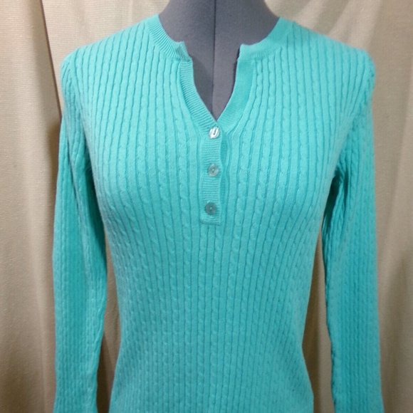 JEANNE PIERRE Cable knit Sweater Top S Mint Green Henley 1/2 button up Long slv - Picture 2 of 8